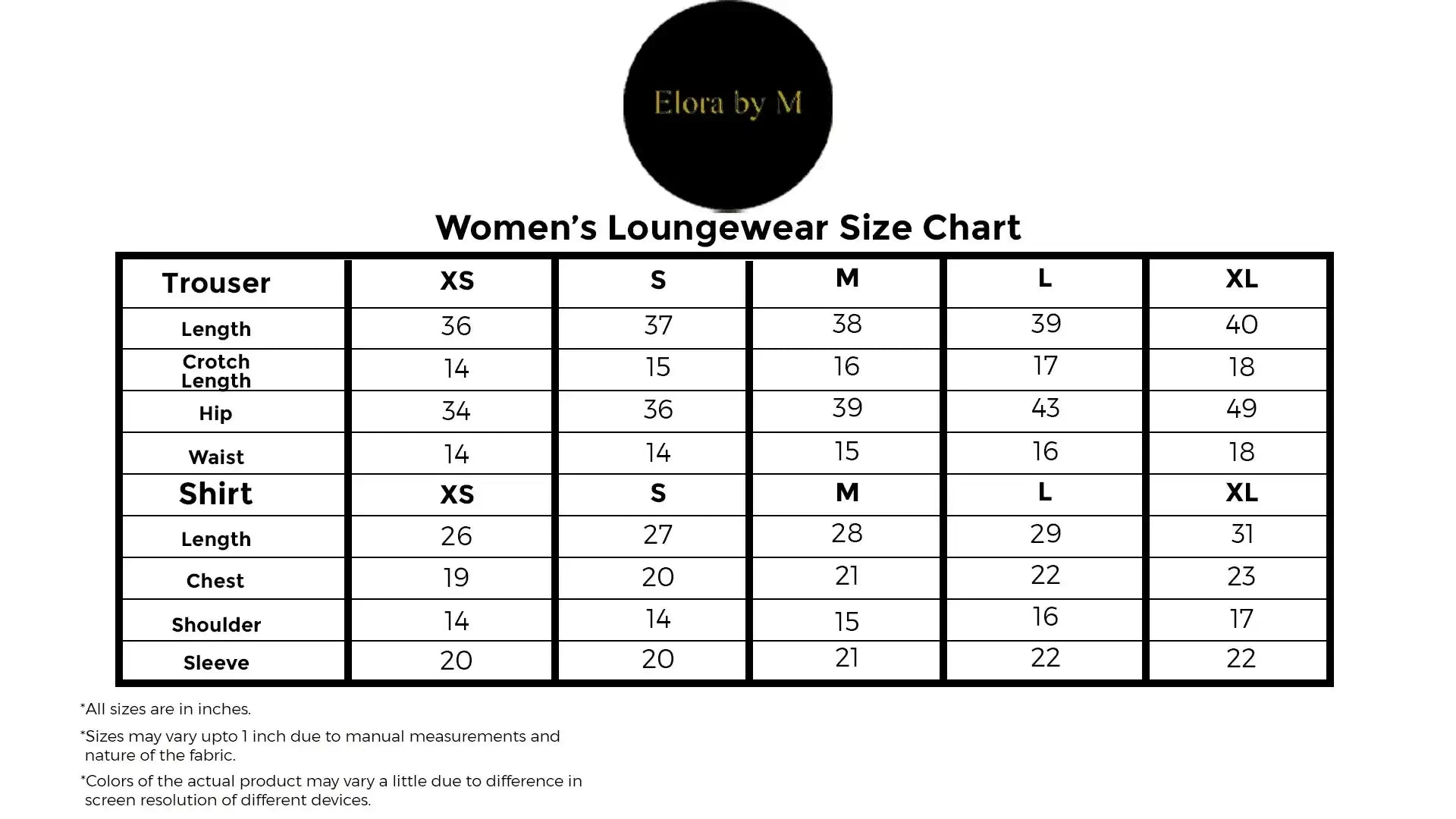 Elora by M women's loungewear size chart for trousers and shirts, sizes XS to XL with measurements in inches